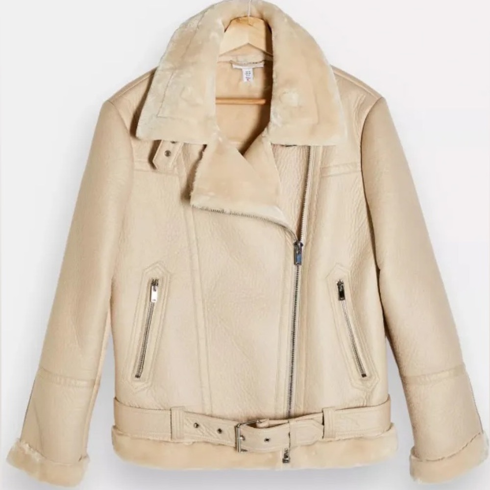 Topshop Faux Leather Shearling Aviator Biker Jacket in Beige